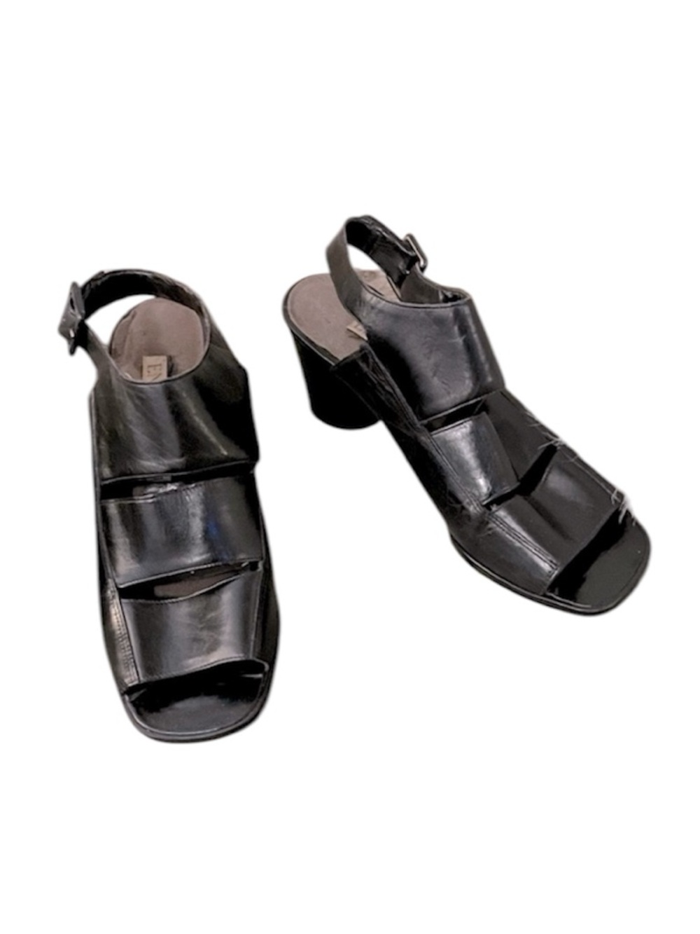 Enzo Angiolini Black Brazil Leather Block Heel Open Toe Buckle Sandal Shoes  7.5